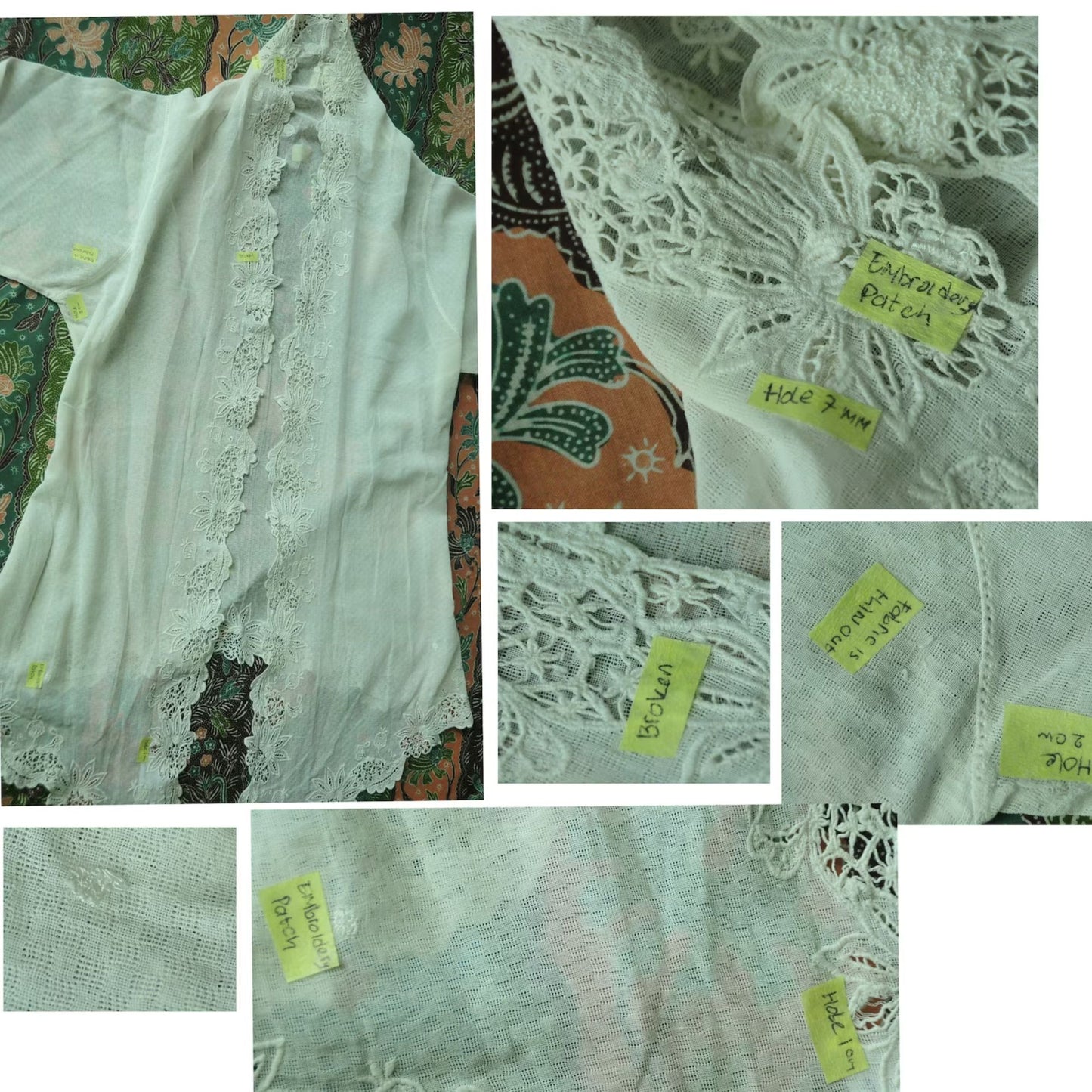 Vintage Broken White Indonesian Kebaya with Checkered Pattern and Dutch Lace Embroidery