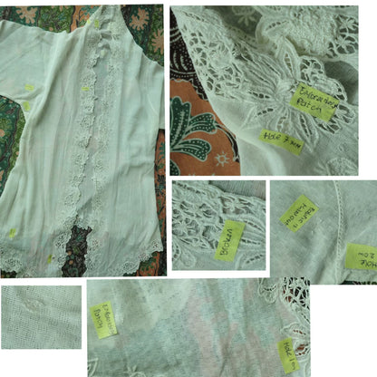 Vintage Broken White Indonesian Kebaya with Checkered Pattern and Dutch Lace Embroidery