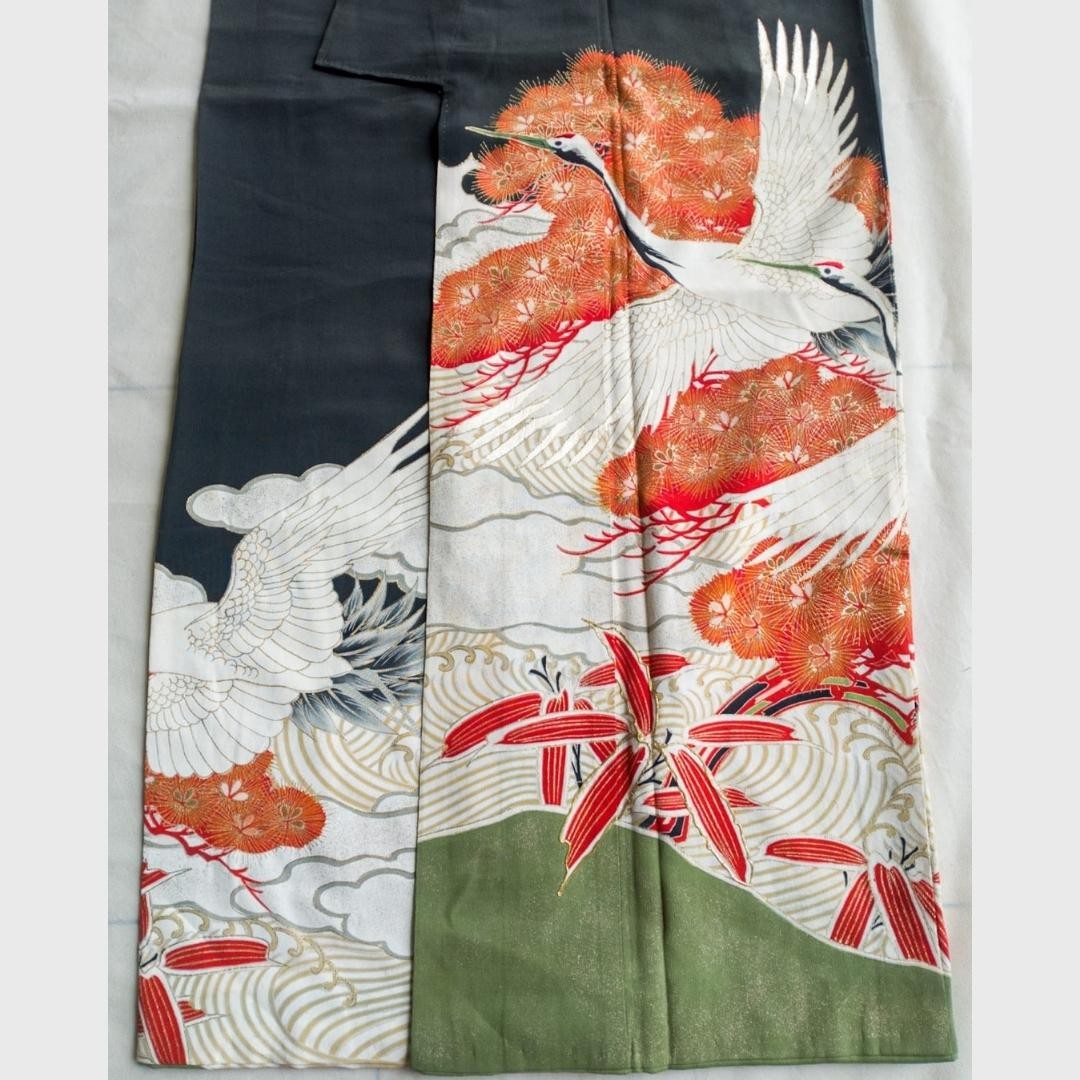 Vintage Black Japanese Crane Embroidery Kimono