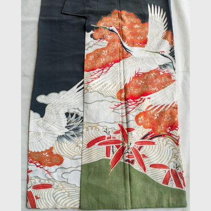 Vintage Black Japanese Crane Embroidery Kimono