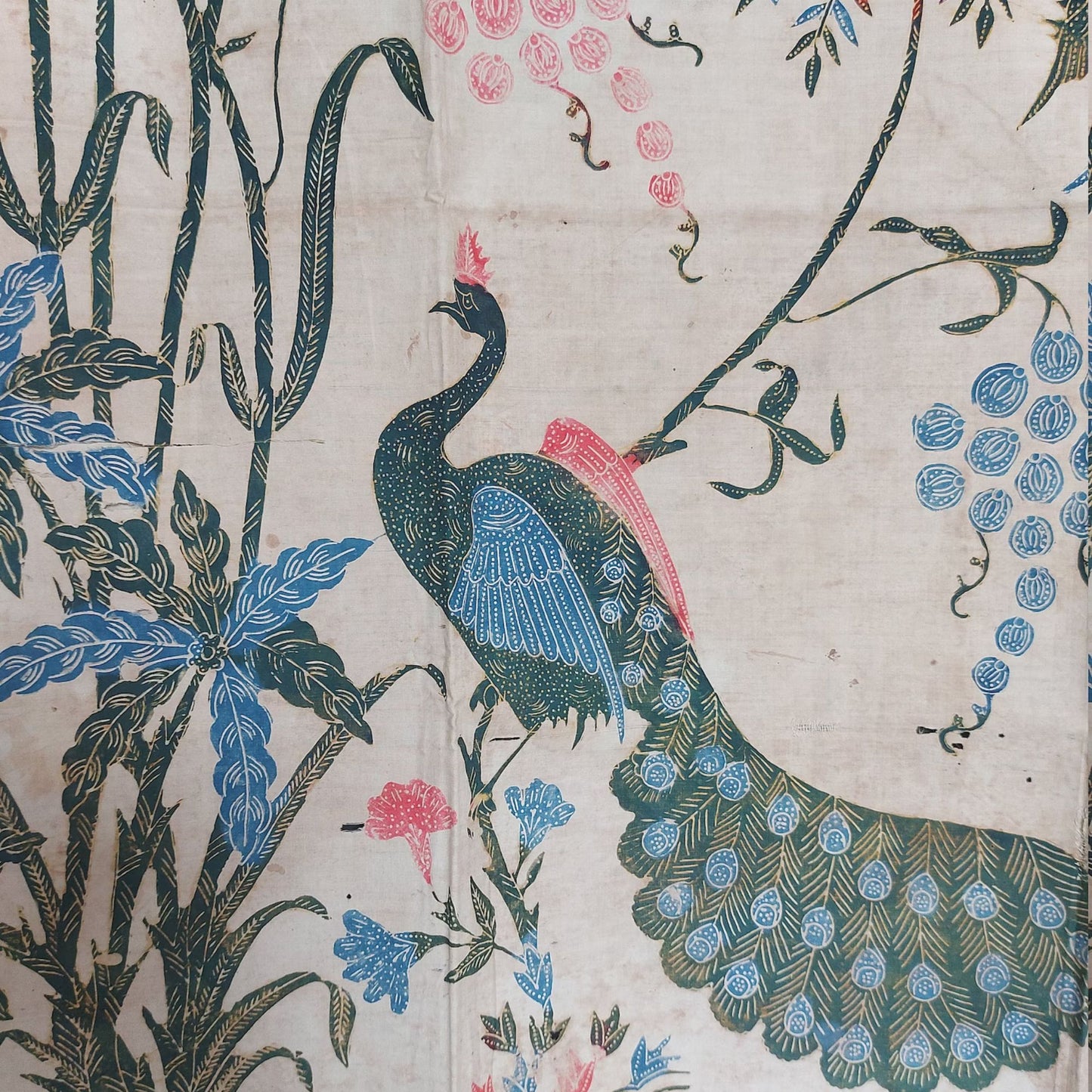 Old Indonesian Hand Drawn Javanese Batik Saroong with Peacock Motif