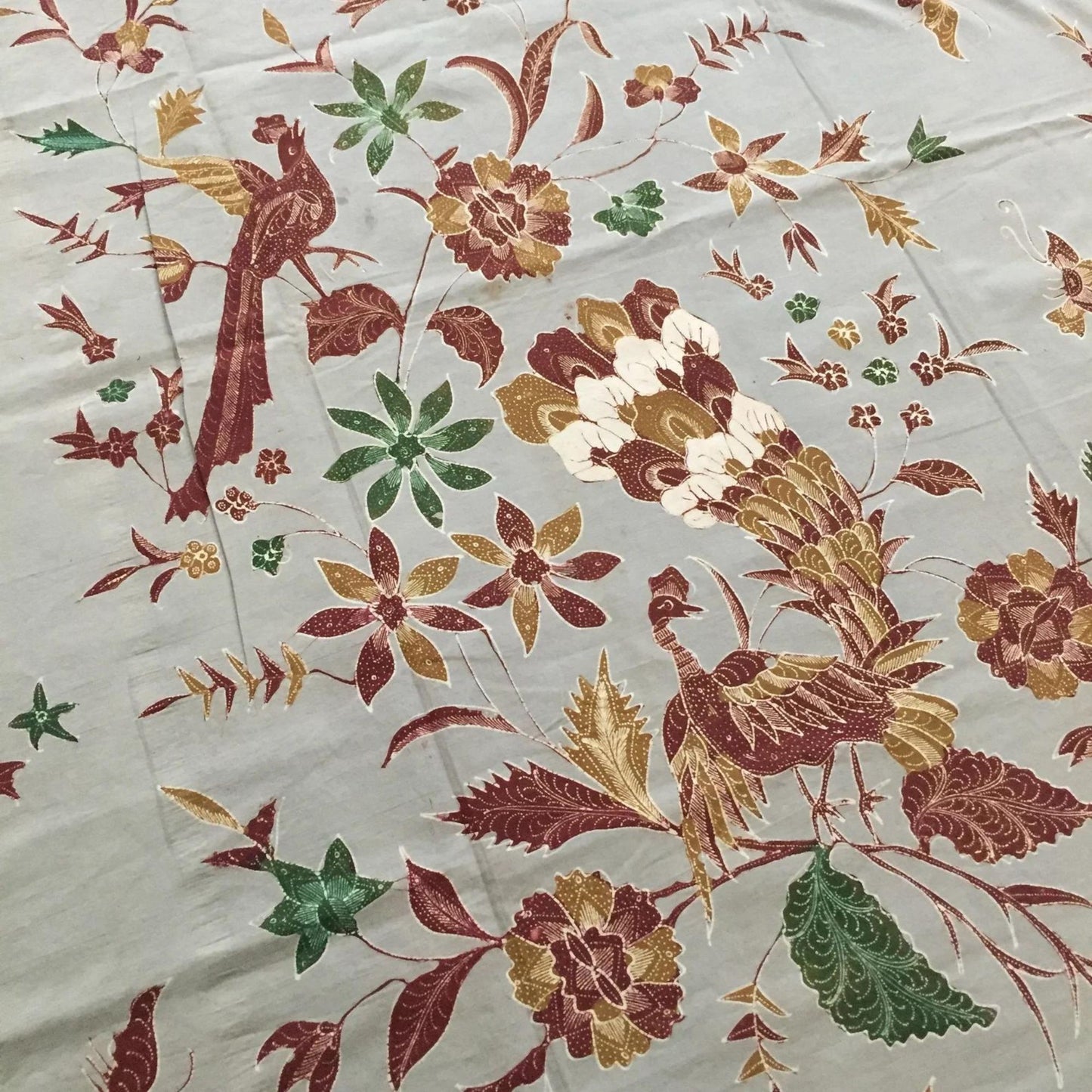 Vintage Indonesian Hand Drawn Javanese Batik Indramayu in Gray with Peacock Saroong