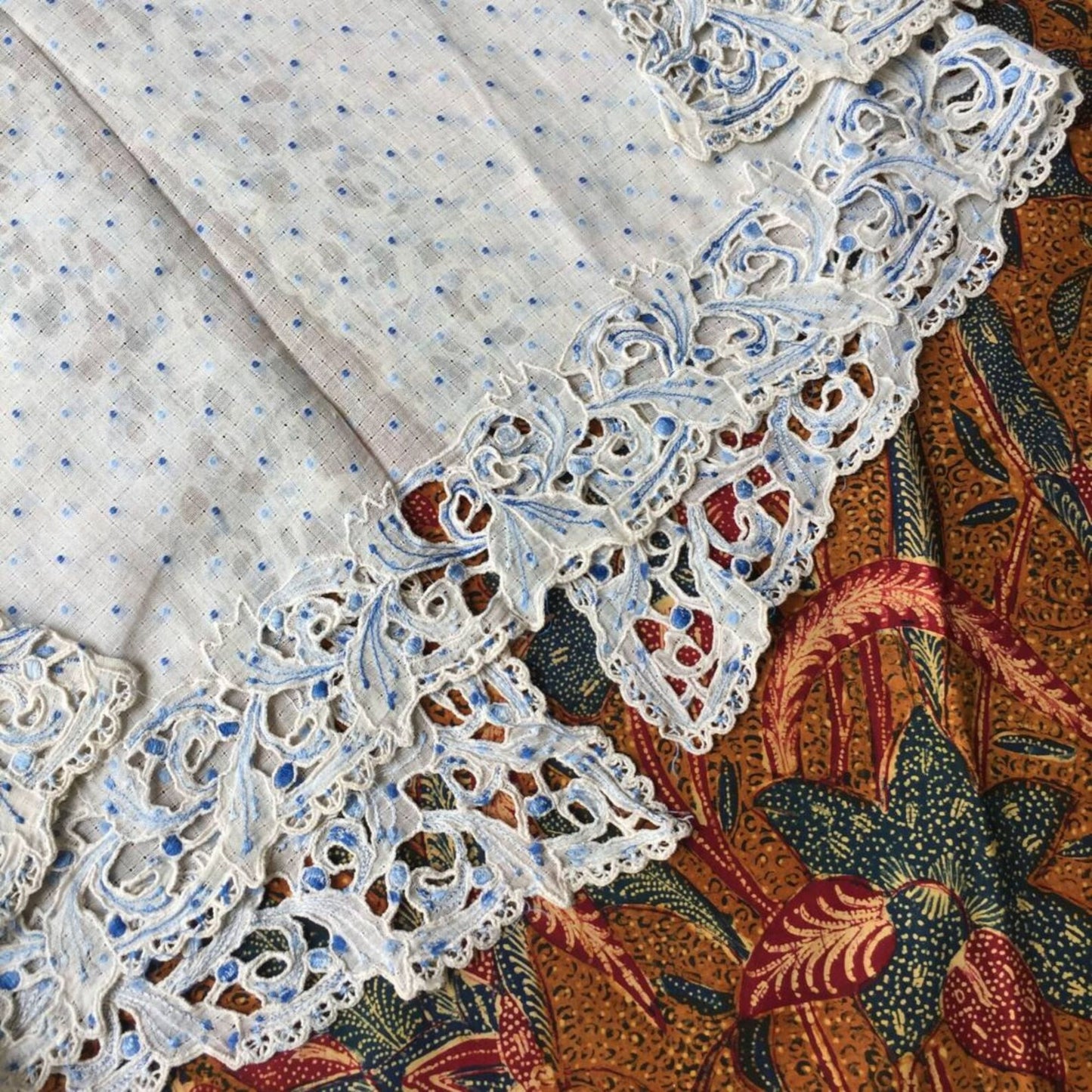 Vintage Ivory Indonesian Kebaya Krancang with Blue Embrooderies