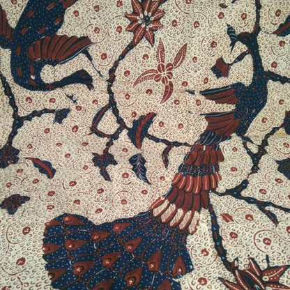 Vintage Indonesian Hand Drawn Batik with Peacock and Floral Background