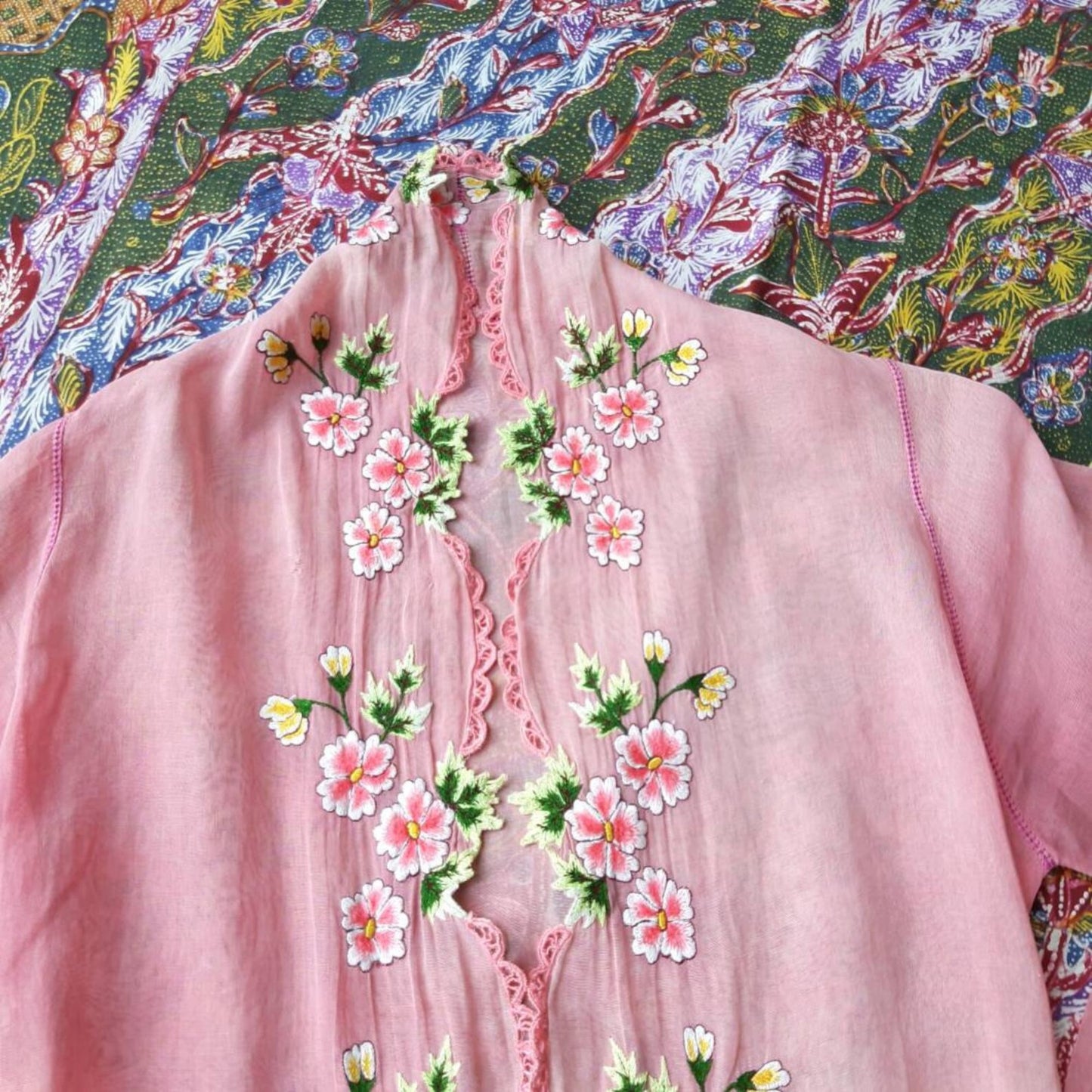 Vintage Indonesian Kebaya Encim in Pink with Pink Chrysanthemum Embroidery