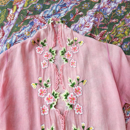 Vintage Indonesian Kebaya Encim in Pink with Pink Chrysanthemum Embroidery