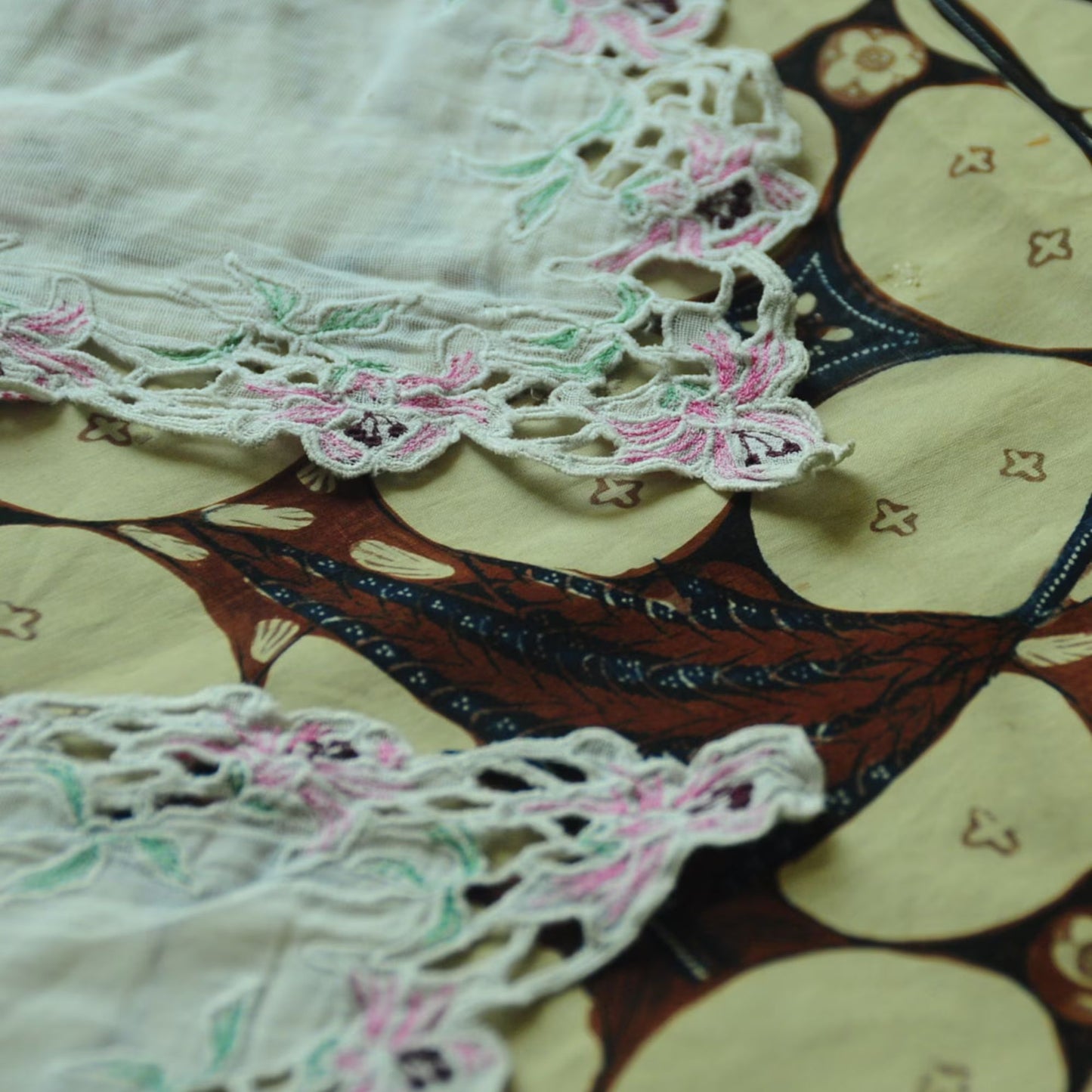 Vintage Broken White Indonesian Kebaya with Pink Floral Kerancang Embroidery