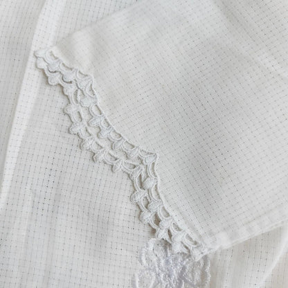 Vintage Ivory Indonesian Kebaya with Plaid Motif and Flowers Embroidery