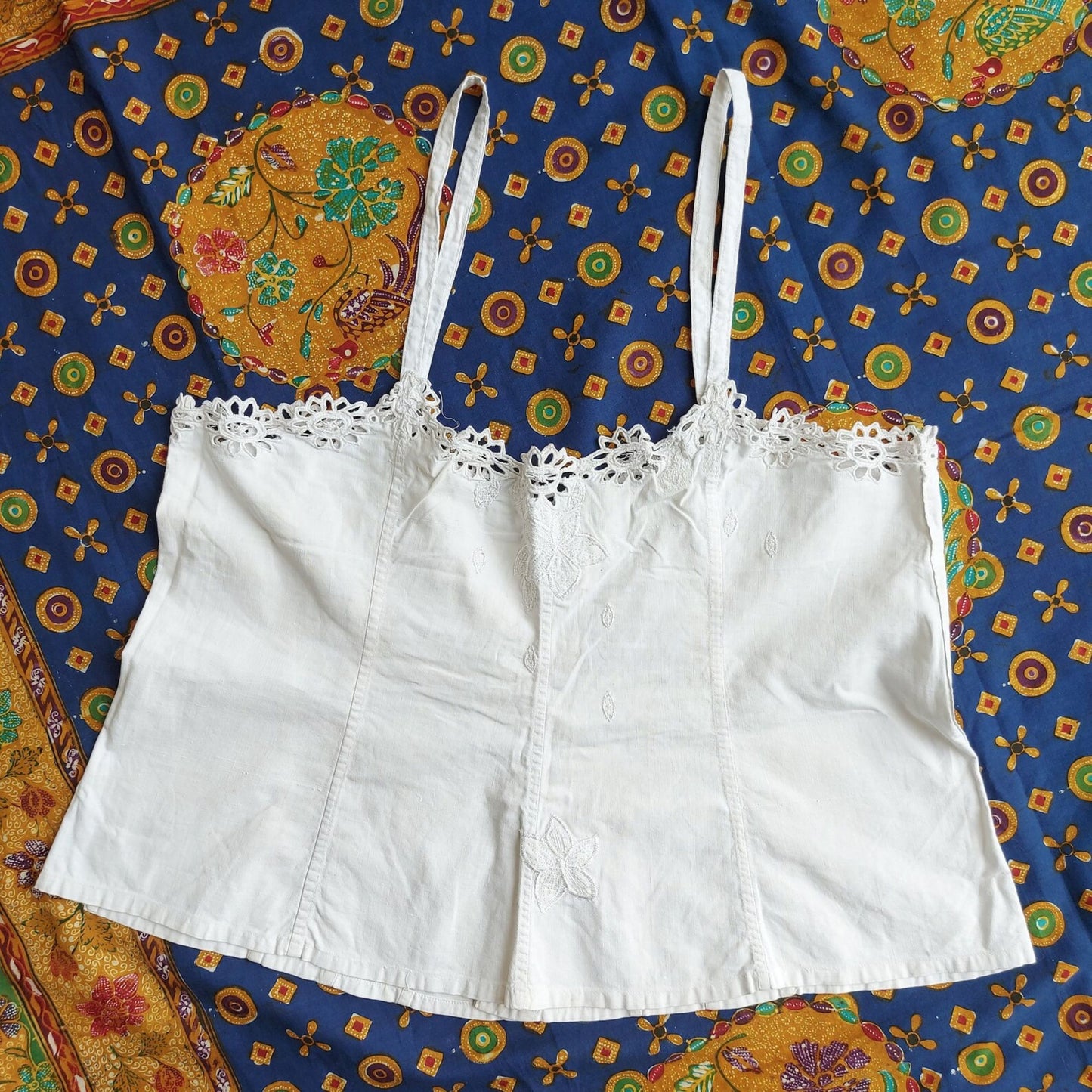 Indonesian Vintage White Camisole with Floral Kerancang Embroidery