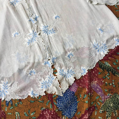 Vintage Indonesian Kebaya France Lace in White with Blue Floral Embroidery
