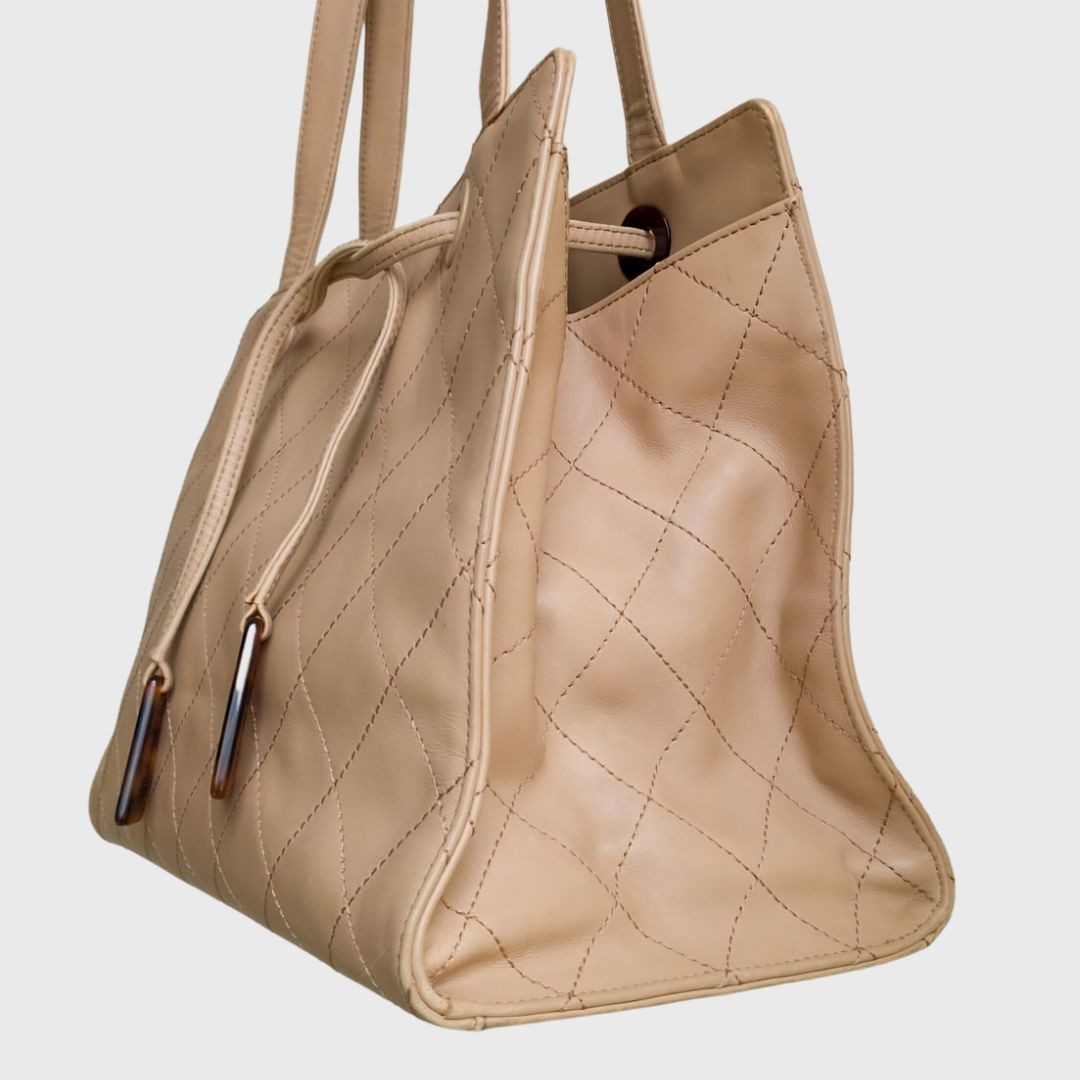Vintage Quilted Diagonal Taupe Leather Shoulder Bag