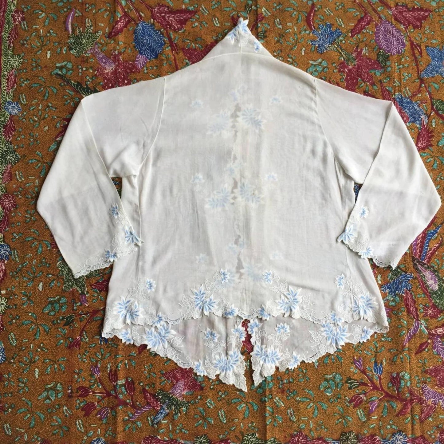 Vintage Indonesian Kebaya France Lace in White with Blue Floral Embroidery