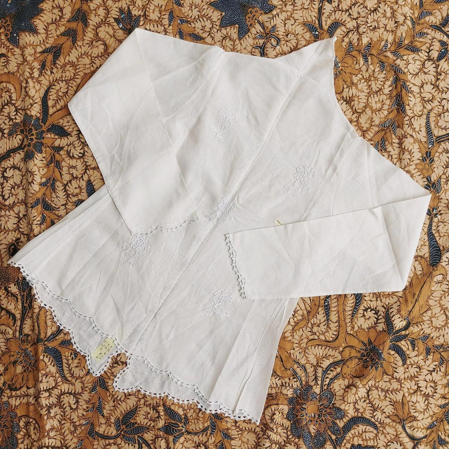 Vintage Ivory Indonesian Kebaya with Plaid Motif and Flowers Embroidery