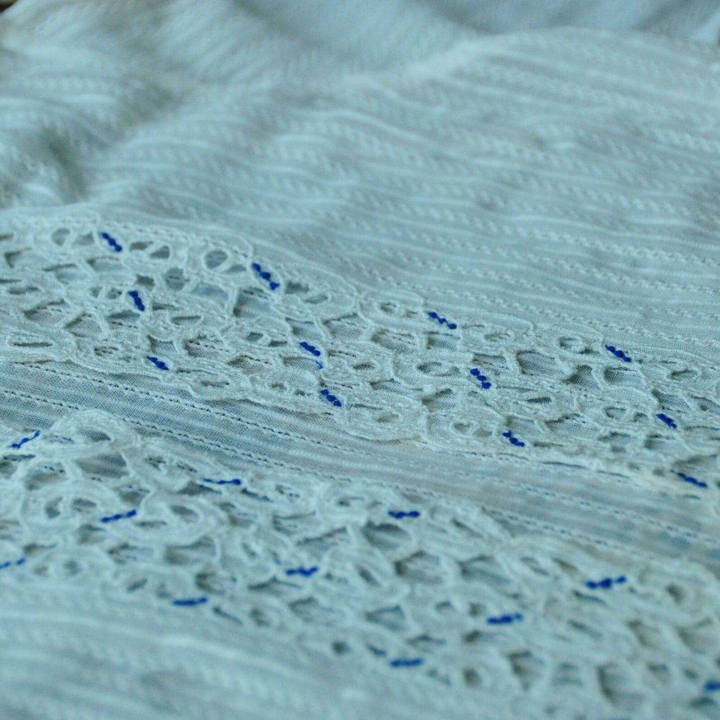 Vintage White Indonesian Kebaya with Diamond Embroidery Stripes Pattern and Blue Dots Kerancang Embroidery