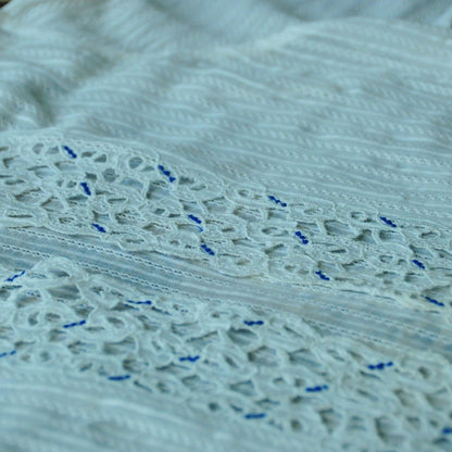Vintage White Indonesian Kebaya with Diamond Embroidery Stripes Pattern and Blue Dots Kerancang Embroidery