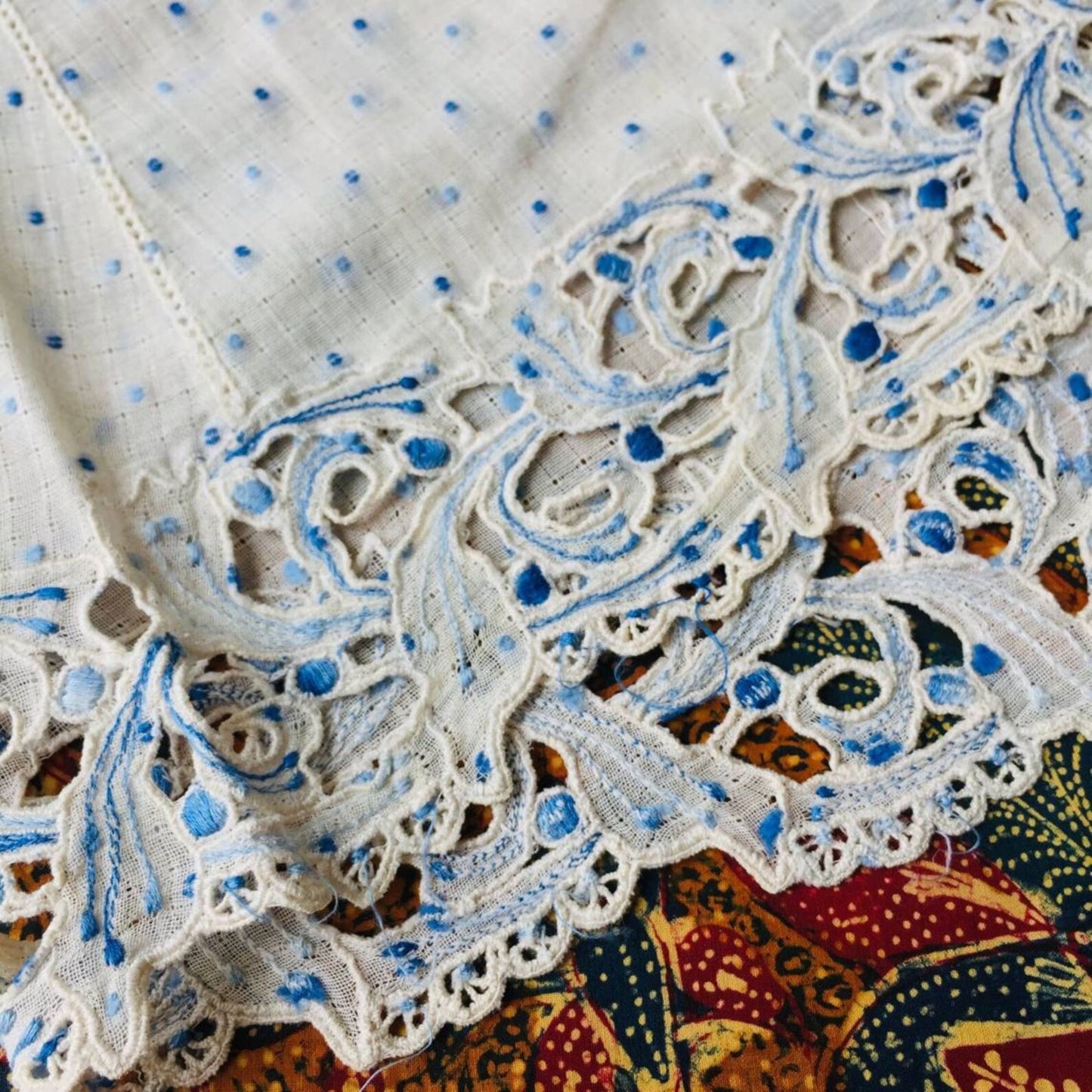 Vintage Ivory Indonesian Kebaya Krancang with Blue Embrooderies