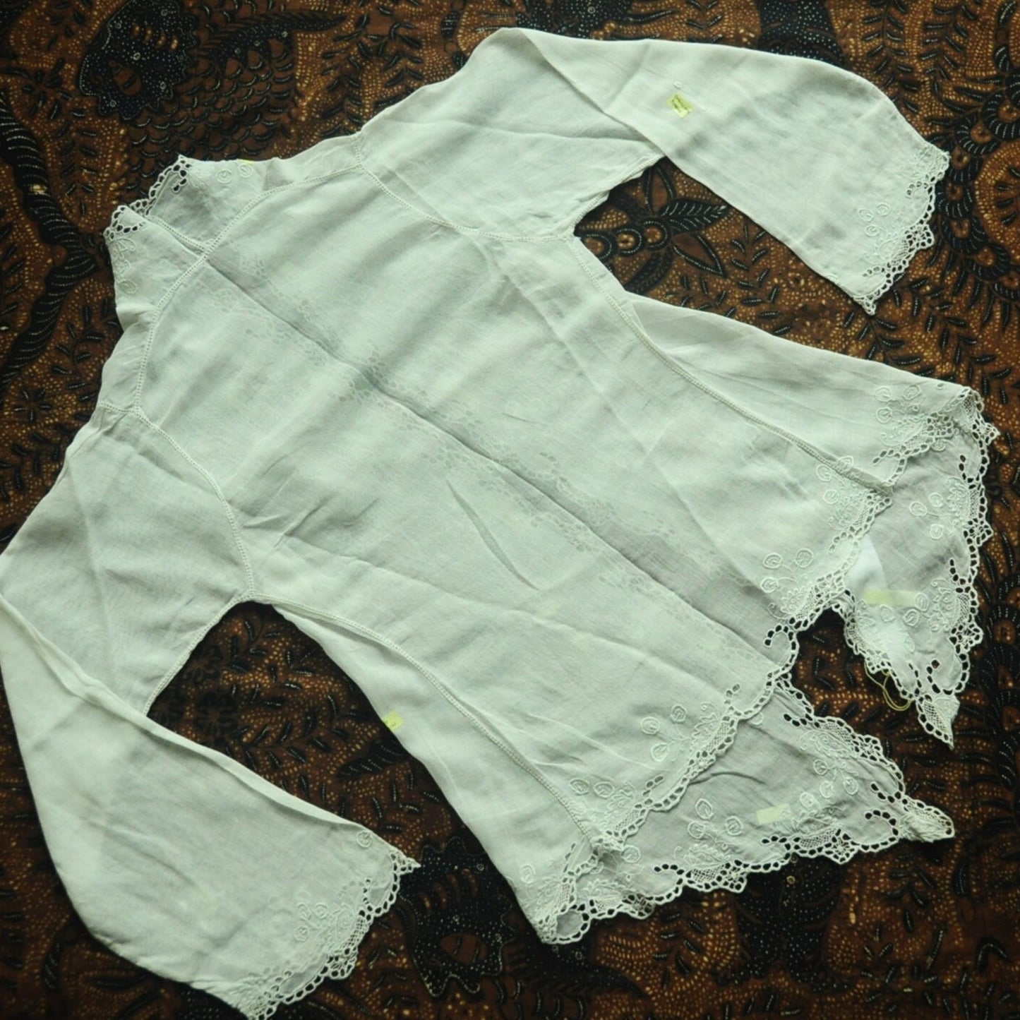 Vintage Broken White Indonesian Kebaya with White and Blue Floral Kerancang Embroidery