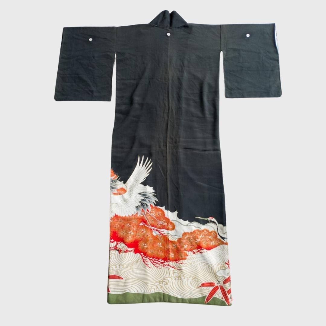 Vintage Black Japanese Crane Embroidery Kimono