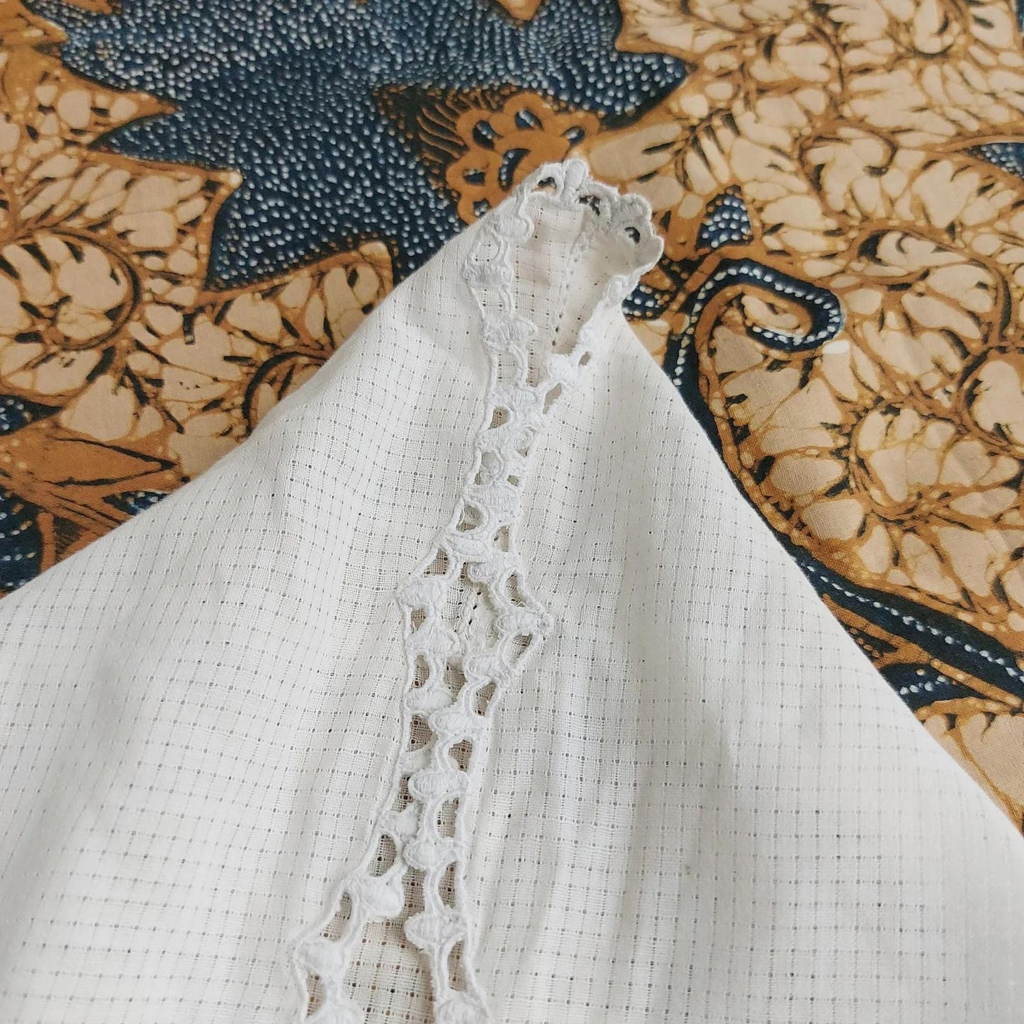 Vintage Ivory Indonesian Kebaya with Plaid Motif and Flowers Embroidery