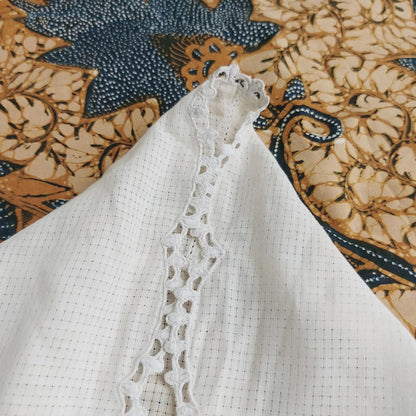 Vintage Ivory Indonesian Kebaya with Plaid Motif and Flowers Embroidery