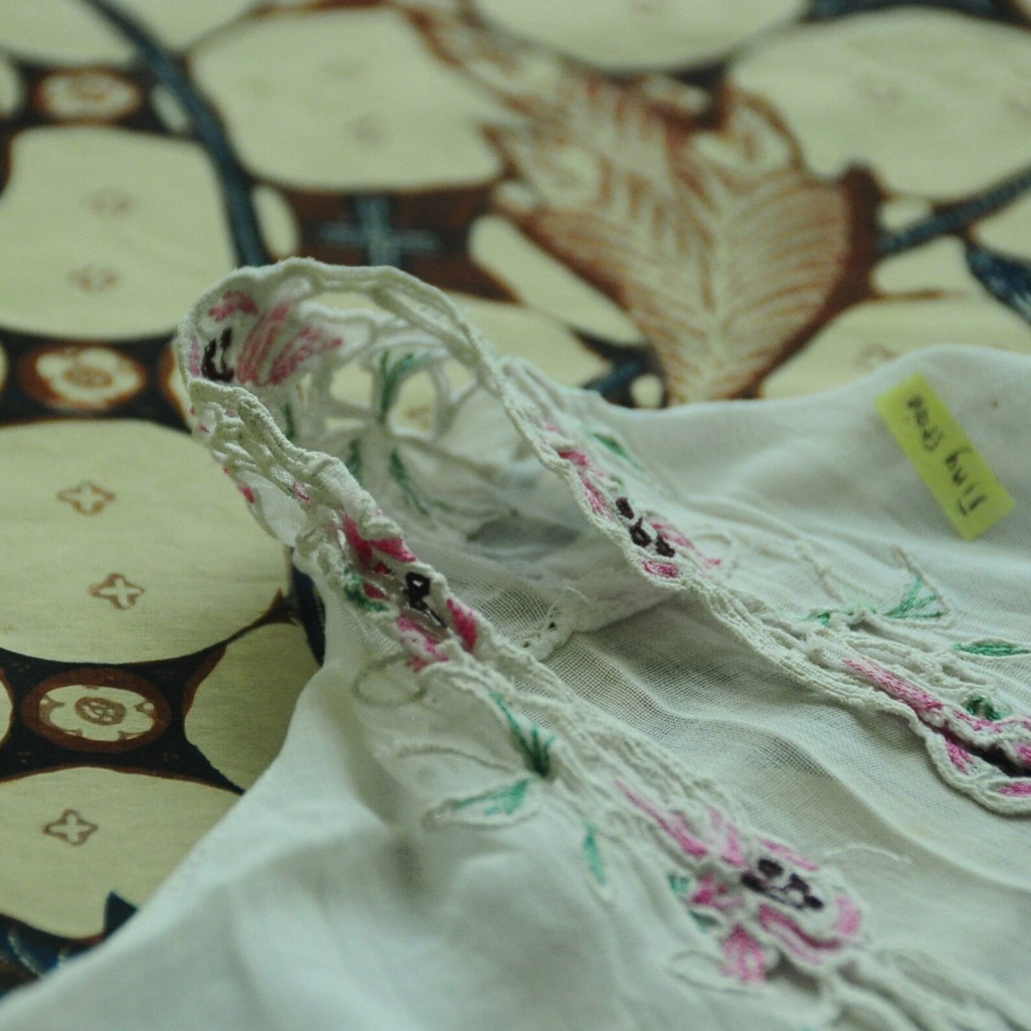 Vintage Broken White Indonesian Kebaya with Pink Floral Kerancang Embroidery