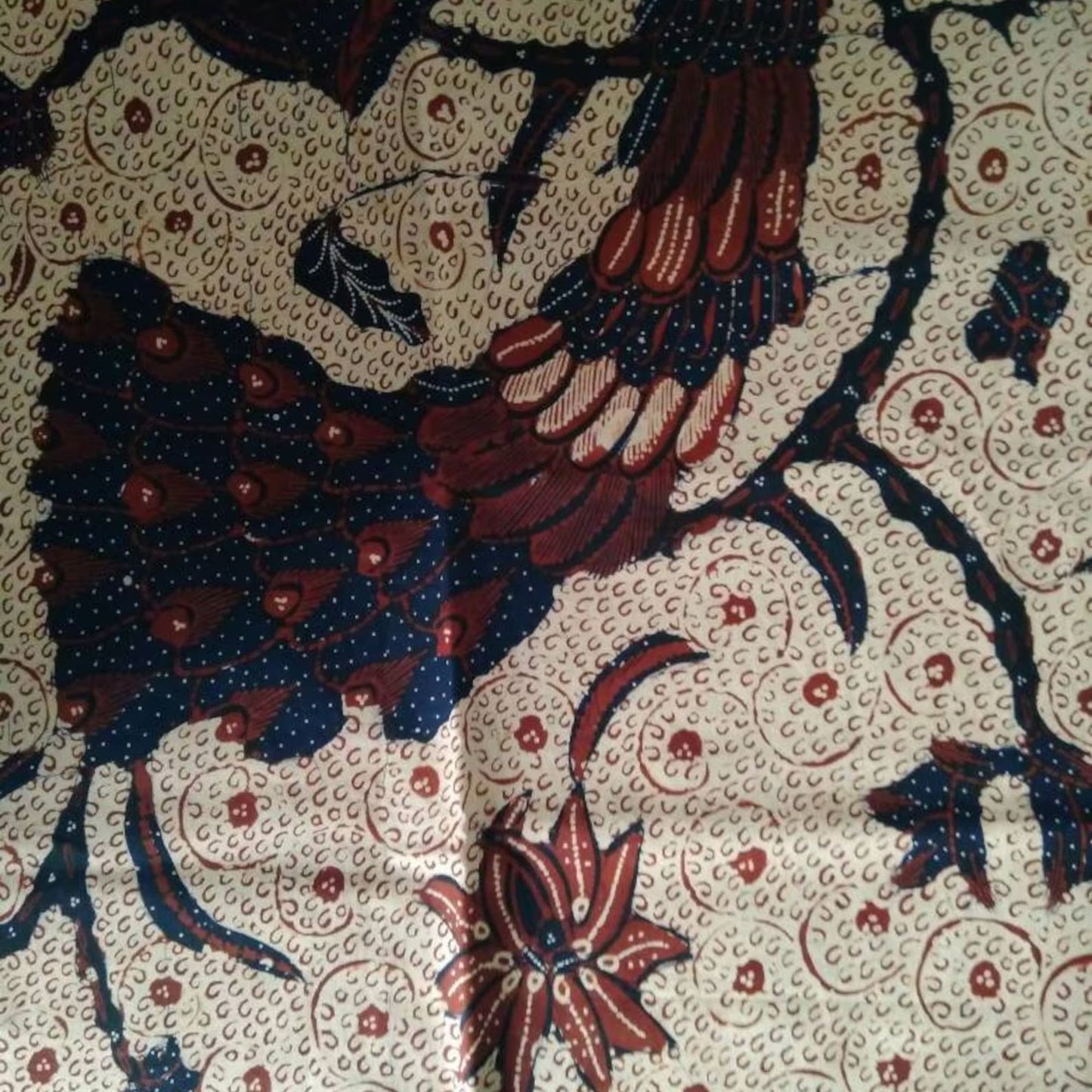 Vintage Indonesian Hand Drawn Batik with Peacock and Floral Background
