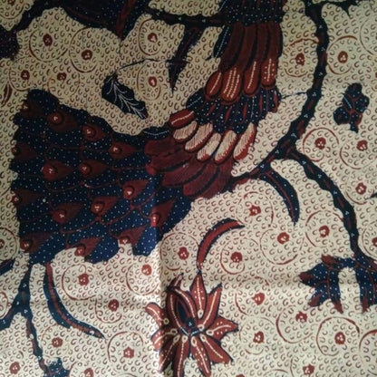 Vintage Indonesian Hand Drawn Batik with Peacock and Floral Background