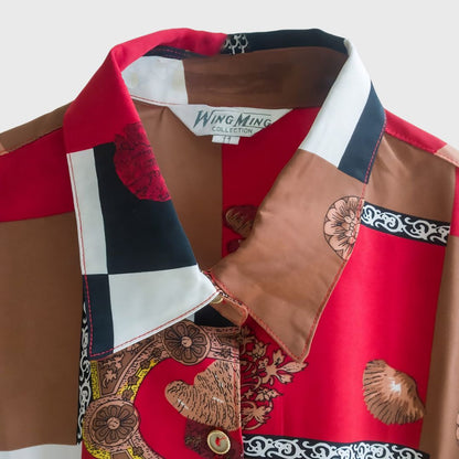 Vintage Long Sleeve Red Brown Abstract Blouse