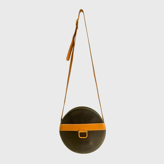 Vintage Round Black Brown Leather Sling Bag