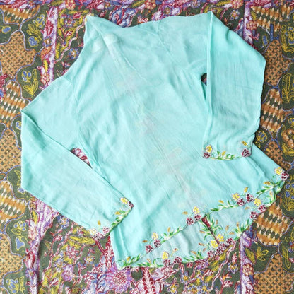 Vintage Indonesian Kebaya Encim in Mint with Red Floral Embroidery