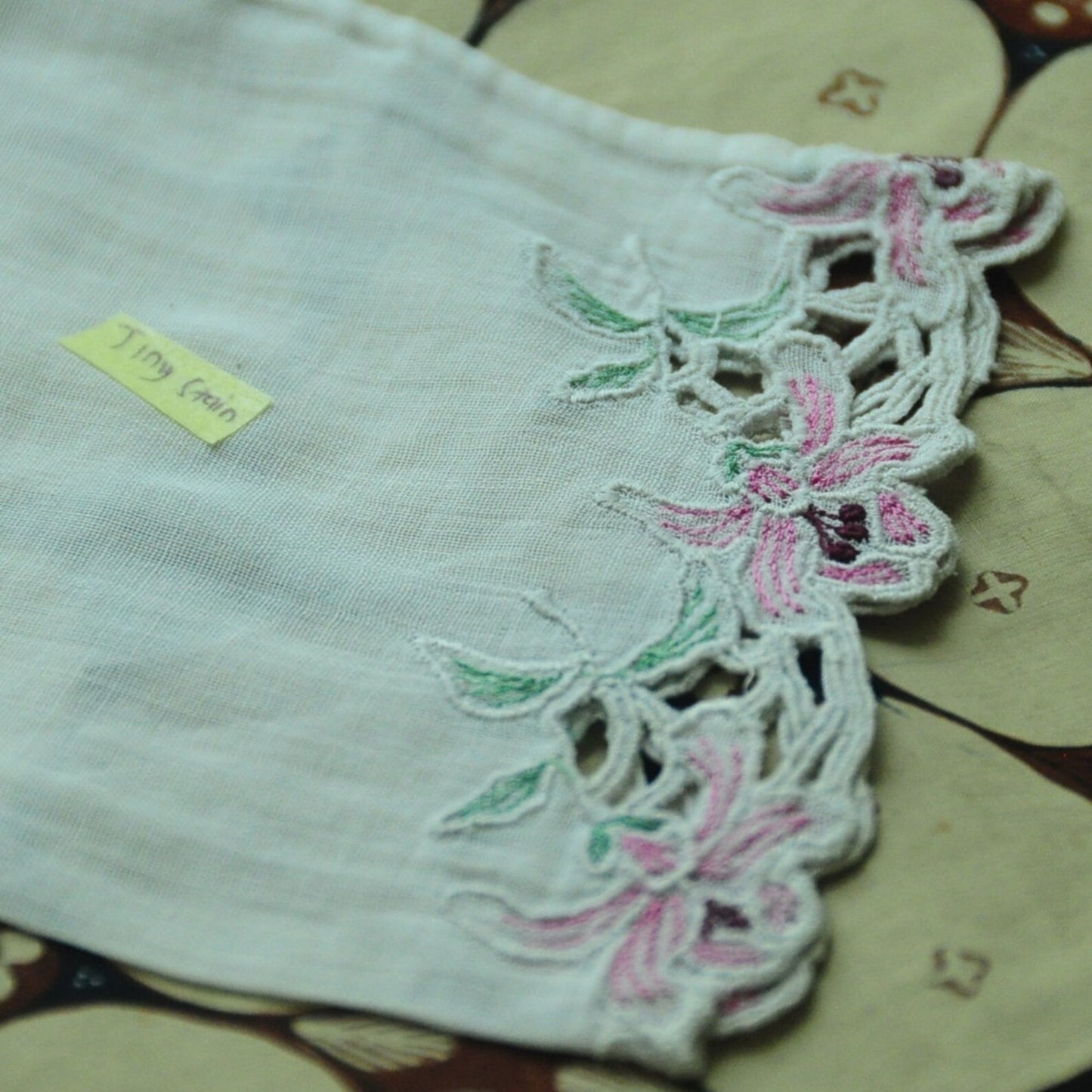 Vintage Broken White Indonesian Kebaya with Pink Floral Kerancang Embroidery