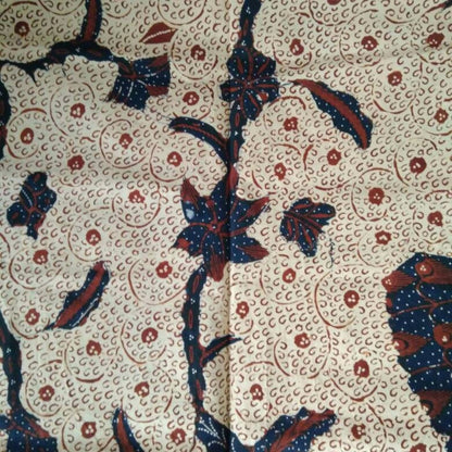 Vintage Indonesian Hand Drawn Batik with Peacock and Floral Background
