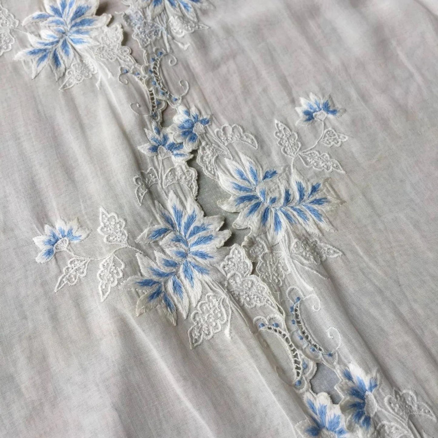 Vintage Indonesian Kebaya France Lace in White with Blue Floral Embroidery