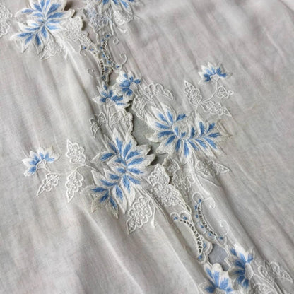 Vintage Indonesian Kebaya France Lace in White with Blue Floral Embroidery