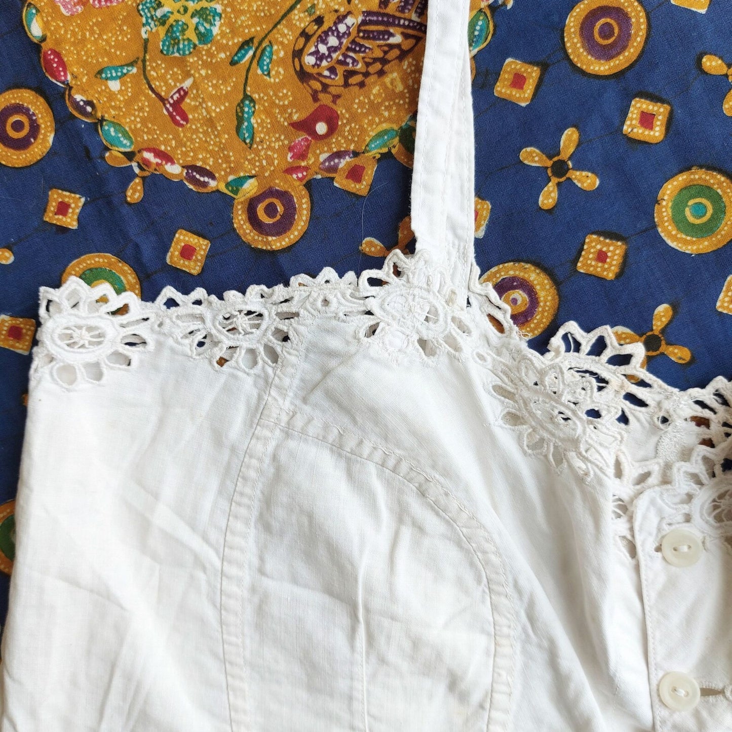 Indonesian Vintage White Camisole with Floral Kerancang Embroidery