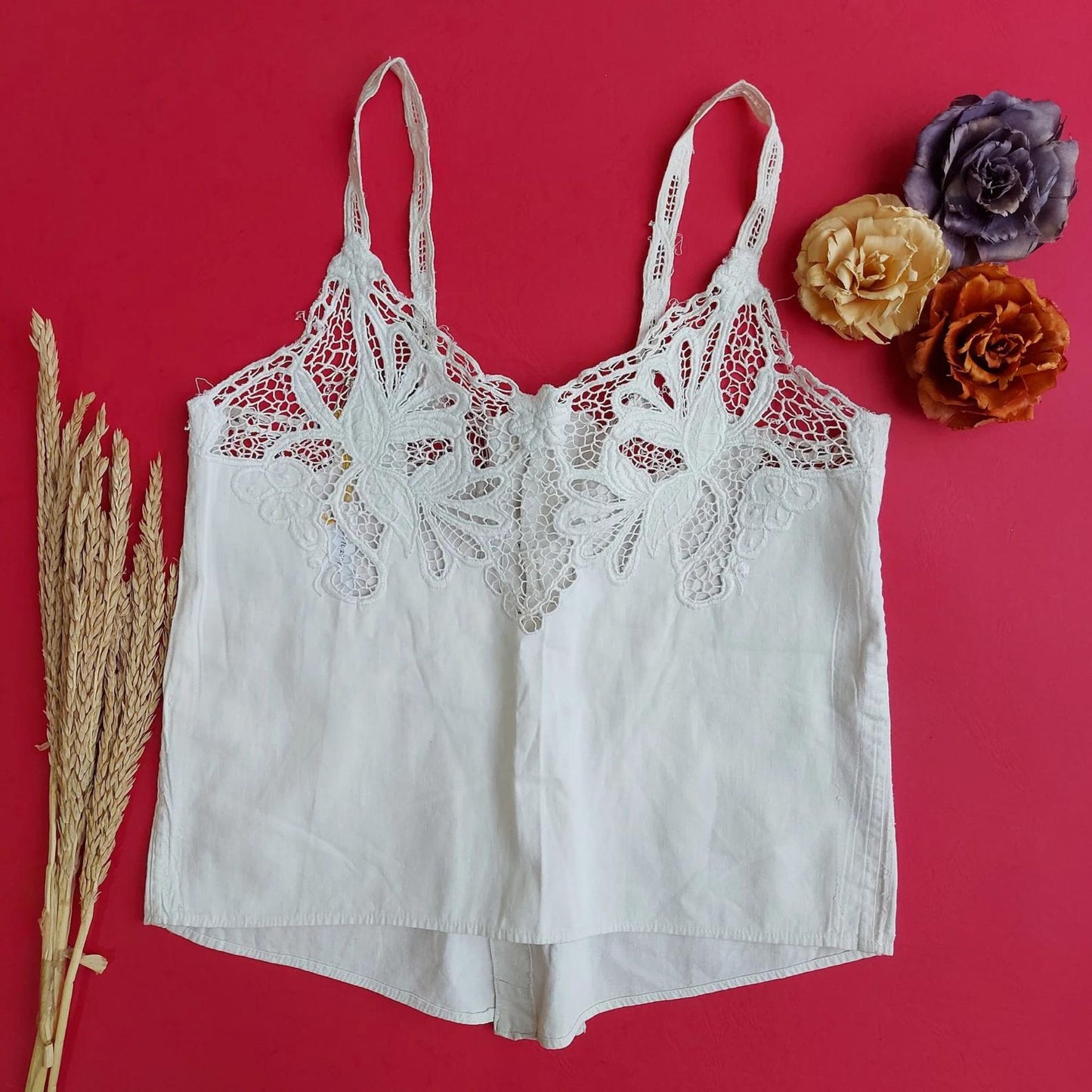 Indonesian Vintage White Camisole with Floral Kerancang Embroidery