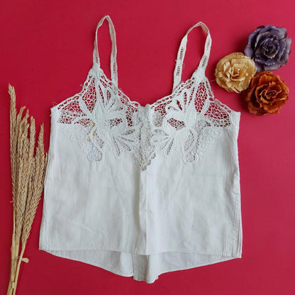 Indonesian Vintage White Camisole with Floral Kerancang Embroidery