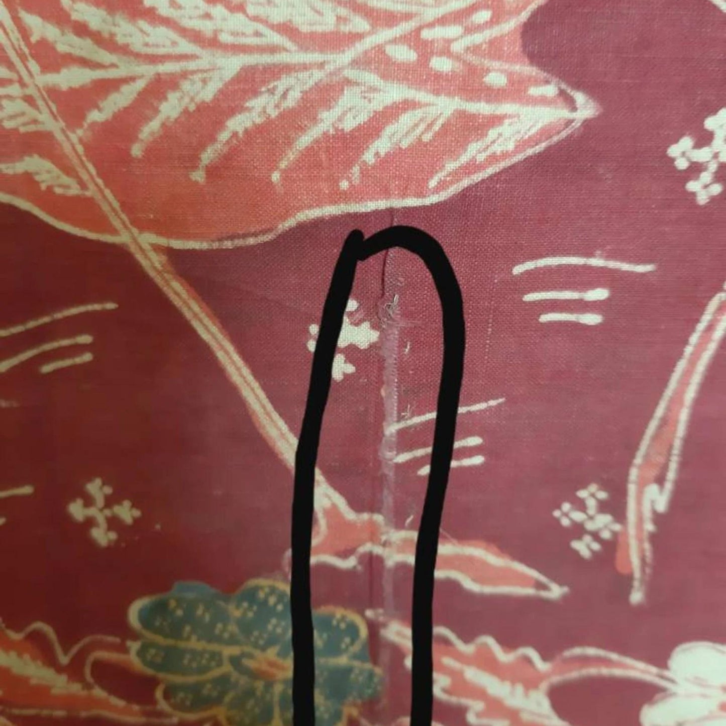 Vintage Indonesian Hand Drawn Batik Saroong Dutch Motif (Belanda) in Brick Red with Flamingo and Lillies