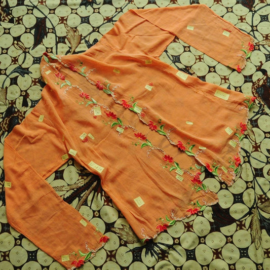 Vintage Orange Indonesian Kebaya with Floral Embroidery