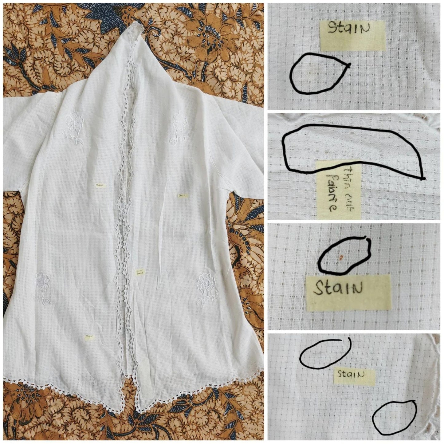 Vintage Ivory Indonesian Kebaya with Plaid Motif and Flowers Embroidery