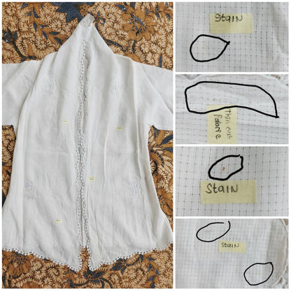 Vintage Ivory Indonesian Kebaya with Plaid Motif and Flowers Embroidery