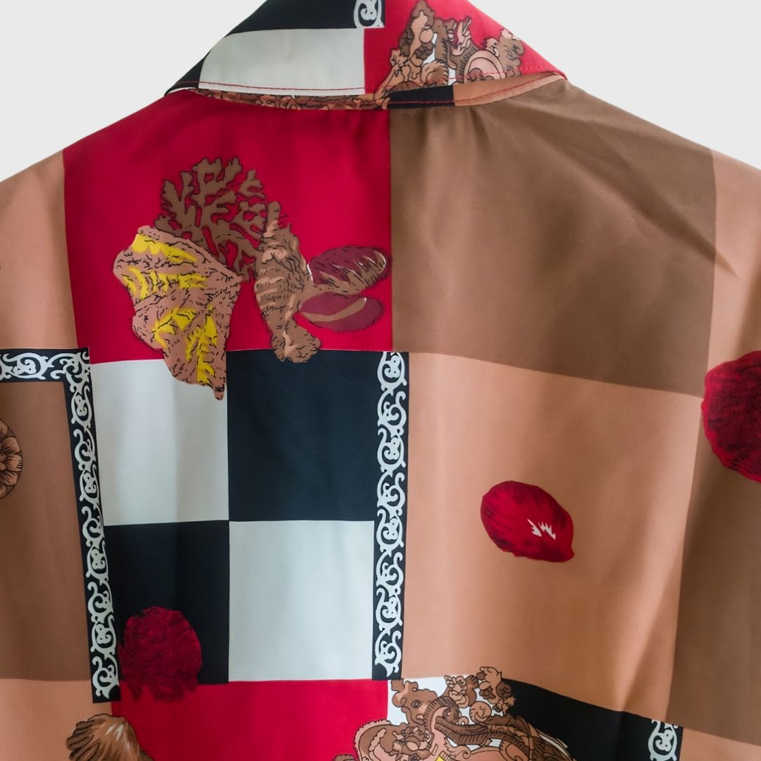 Vintage Long Sleeve Red Brown Abstract Blouse