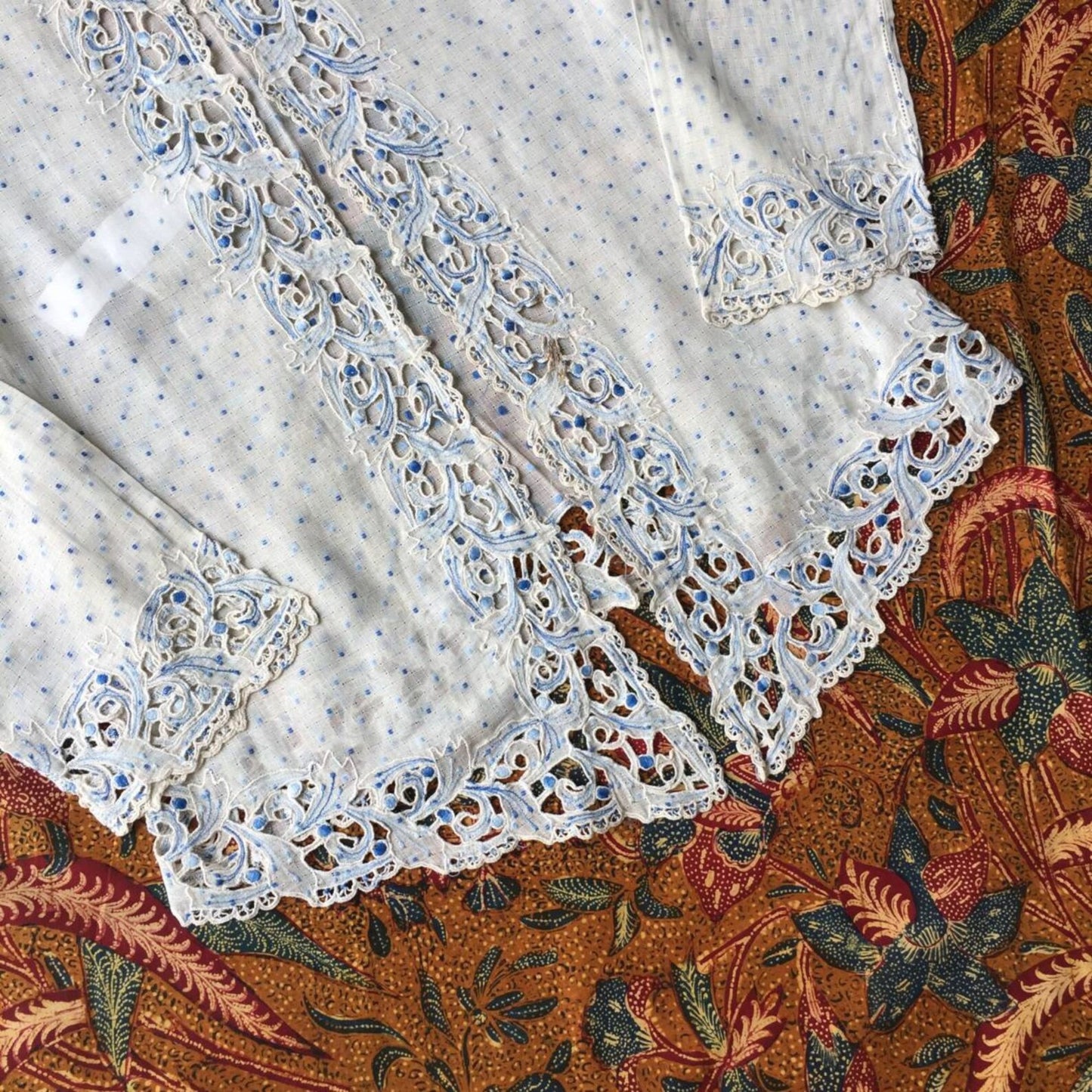 Vintage Ivory Indonesian Kebaya Krancang with Blue Embrooderies