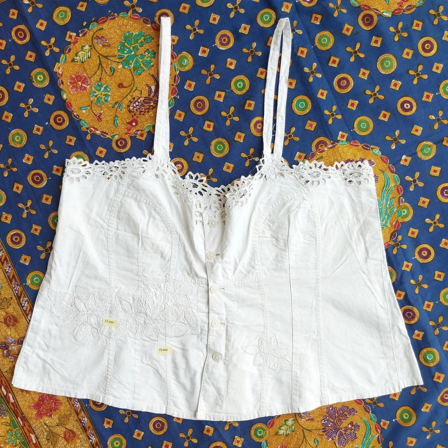 Indonesian Vintage White Camisole with Floral Kerancang Embroidery