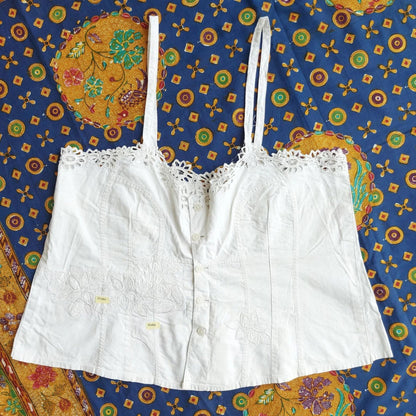 Indonesian Vintage White Camisole with Floral Kerancang Embroidery