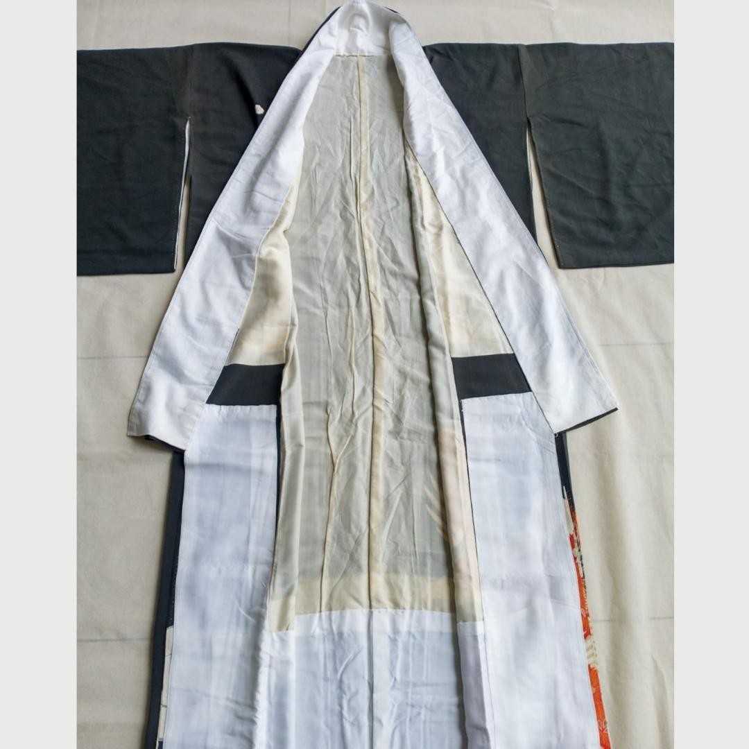 Vintage Black Japanese Crane Embroidery Kimono