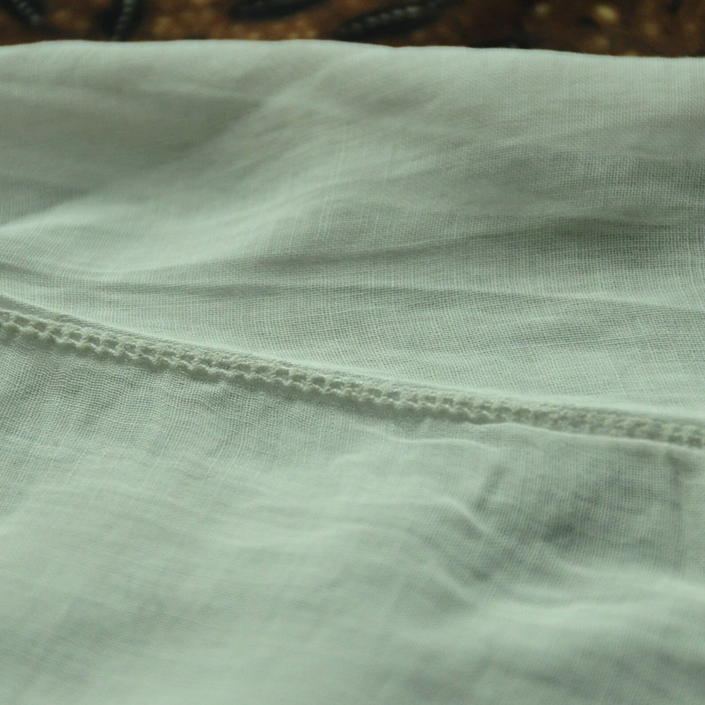 Vintage Broken White Indonesian Kebaya with White and Blue Floral Kerancang Embroidery