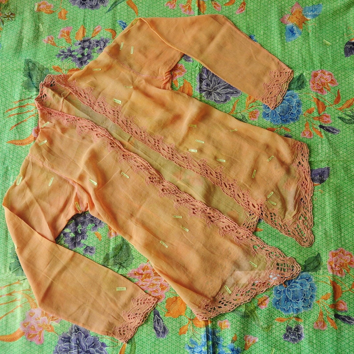 Vintage Orange Sandstone Indonesian Kebaya with Pink Kerancang Embroidery