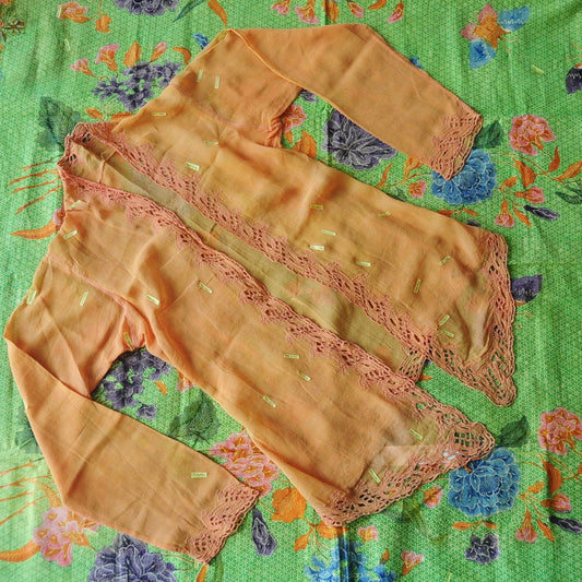 Vintage Orange Sandstone Indonesian Kebaya with Pink Kerancang Embroidery