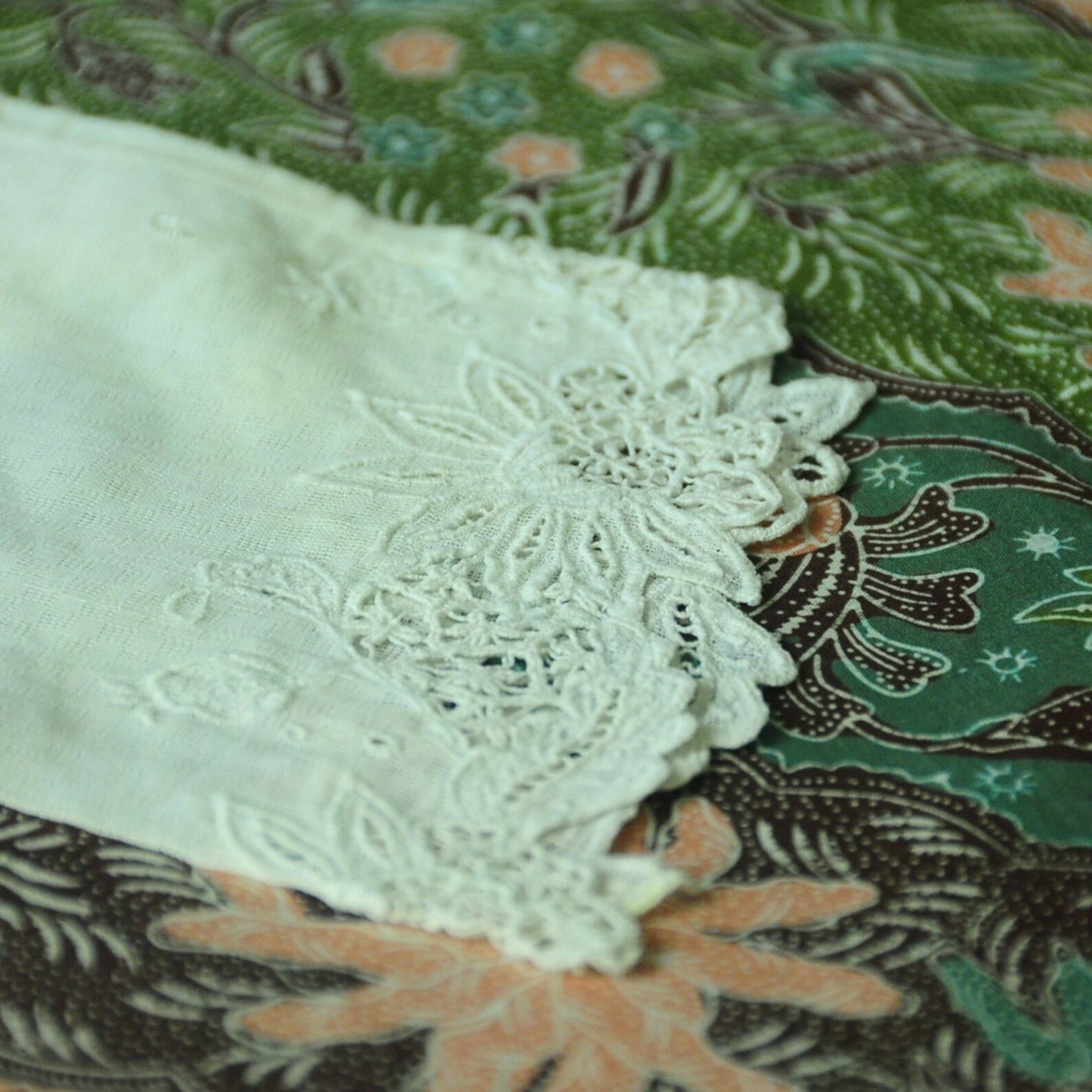 Vintage Broken White Indonesian Kebaya with Checkered Pattern and Dutch Lace Embroidery